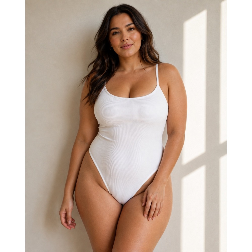 Andie Swimsuit One Piece Ribbed Adjustable Straps Coastal Summer LT White